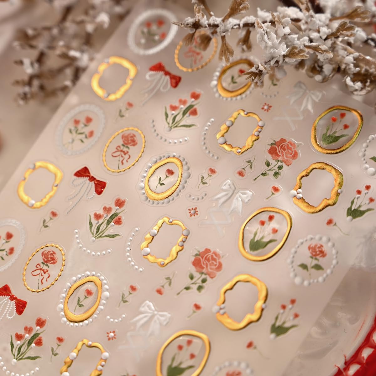 Flower Nail Stickers Tulip Floral Nail Decals with Gold-Trimmed Frames Design,Self-Adhesive Spring Stickers for Natural Acrylic Nails,Easy Apply DIY Manicure Decor for Women Girls 1 Sheet