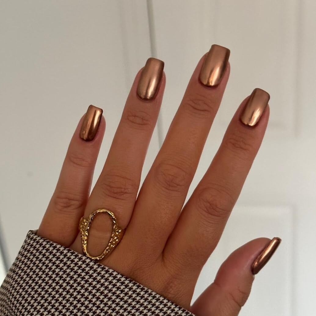 KQueenest Chrome Brown Press on Nails Short Medium Square, Glitter Bronze Fake Nails Press Ons, Sparkle Metallic Acrylic Nails Glue on, Glazed Gel Glue on Nails for Women Party Wear in 24 Pcs