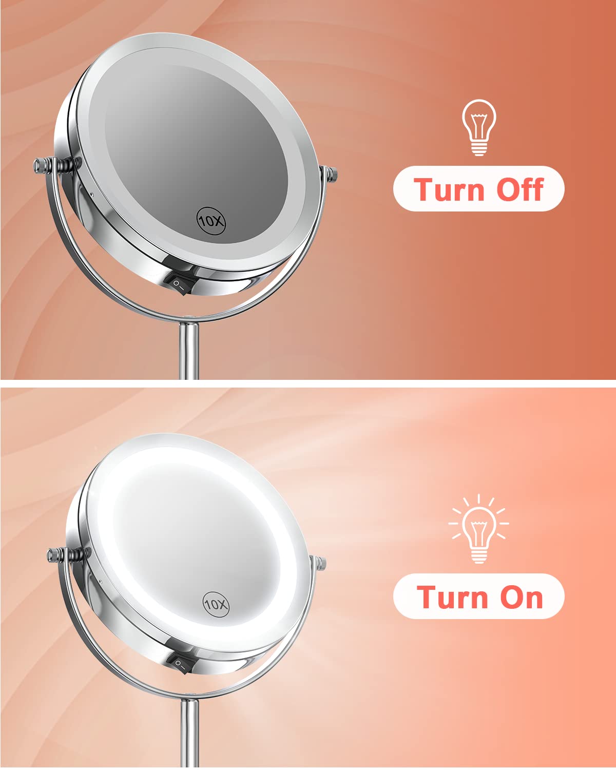 Benbilry 10X Magnifying Lighted Makeup Mirror, 7 Inch Double Sided 1X/10X Magnification with Lights, 360° Rotation Swivel Travel Make Up Mirror with Lighting, Battery Operated