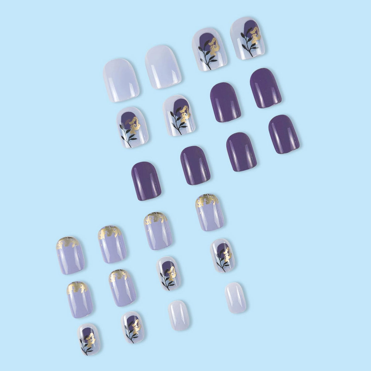 24pcs Purple Press on Nail Short Square Fake Nails with Leave designs Gold Foil Acrylic Artificial Stick on Nail Glossy Full Cover Spring False Nails Reusable Glue on Nails for Women Summer