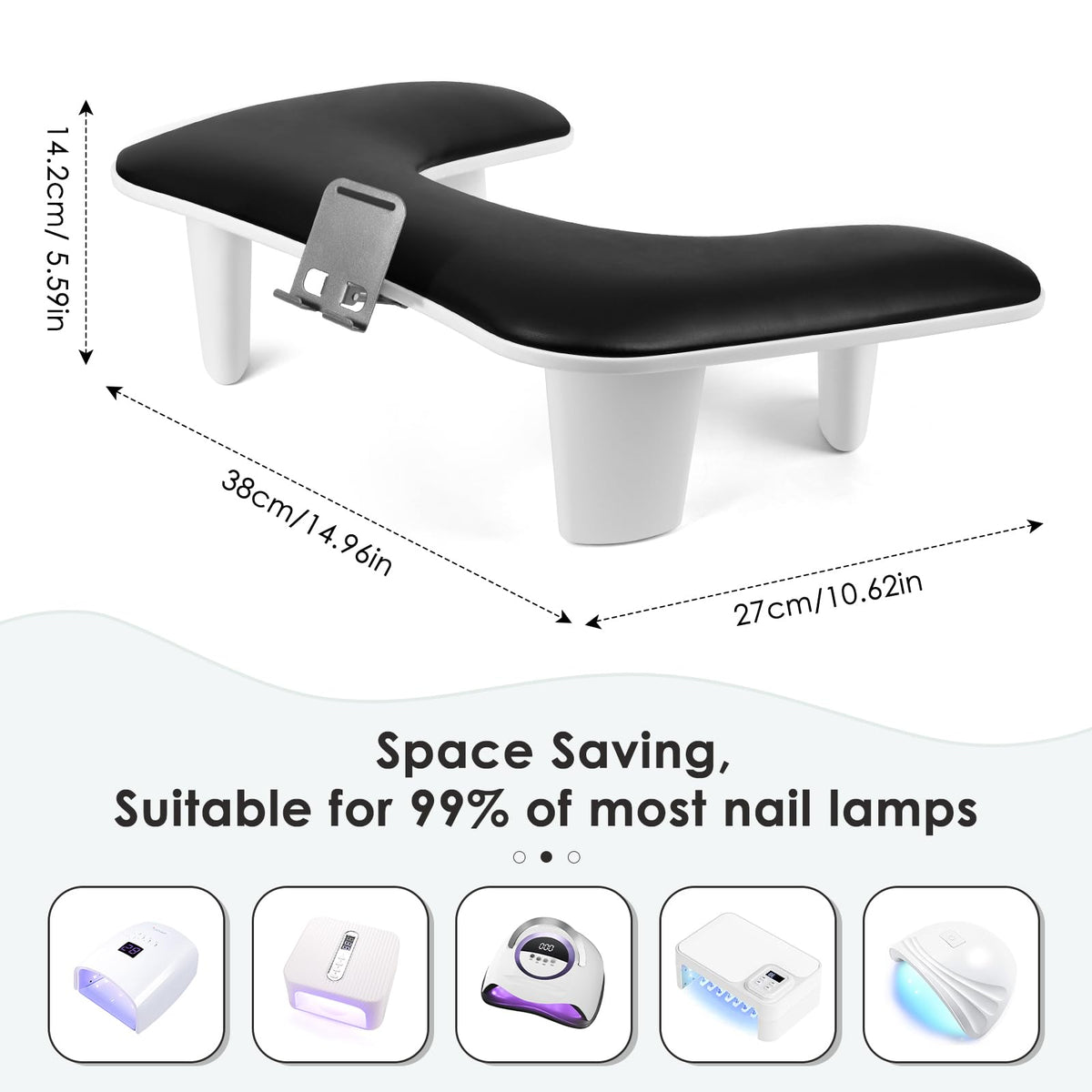 LIONVISON Arm Rest for Nails Tech: U Shaped Ergonomic Nail Hand Rest Stand PU Leather with Rotating Phone Holder for Nail Salon Manicurist (Black)