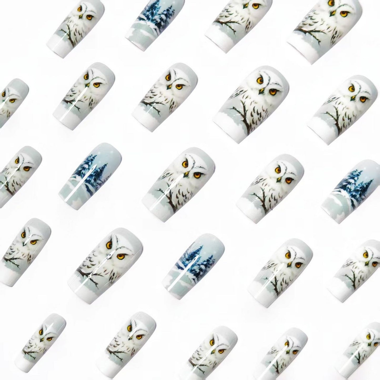 Christmas Press on Nails Medium Square Branch Winter Fake Nails White with Designs Owls Snowflake Full Cover Glossy Glue on Nails Xmas Acrylic Nails for Women Girls 24 Pcs