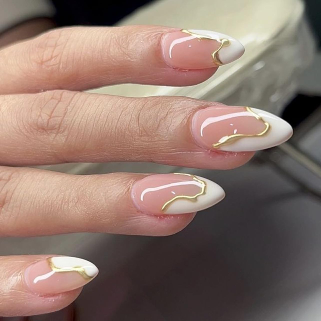 evpct French Tip Press On Nails Short Almond, Nude Pink + Gold Line & Wihte Tips, Glossy Short Almond Fake False Press on Nails, Soft Gel Stick on nail Press ons with Nail Kit Reusable Salon Quality