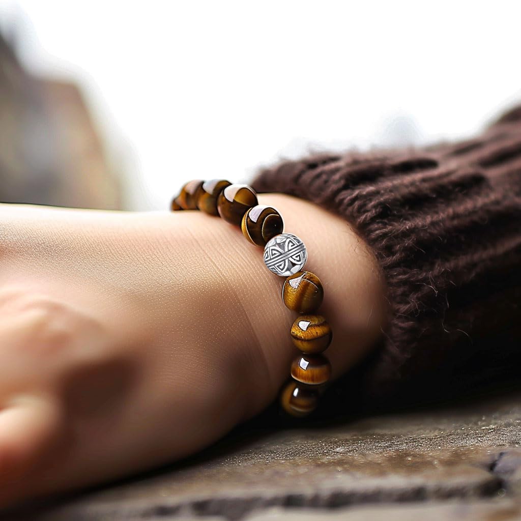 MetJakt Healing Crystals Beaded Bracelets for Womens Natural Gemstone 8mm Beads Stretch Bracelets with 925 Sterling Silver Double Happiness Pendant (Tiger Eye)