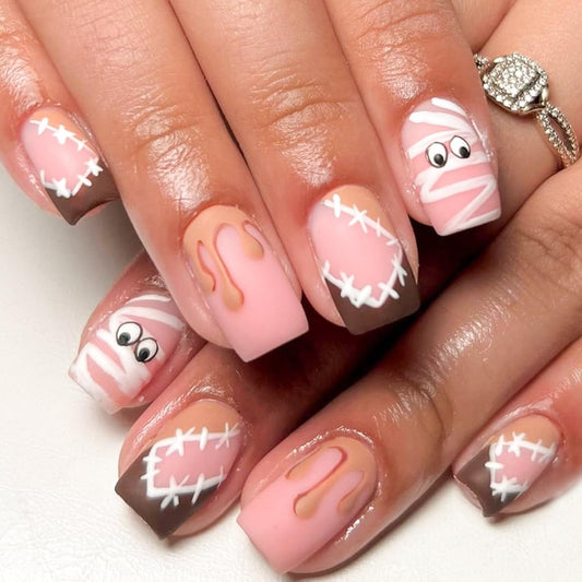Halloween Press on Nails Square Short Fake Nails with Mummy & Blood Designs Acrylic Nail Press ons Cute Glue on Nails Full Cover Matte Stick on Nail for Women Girls Manicure 24Pcs