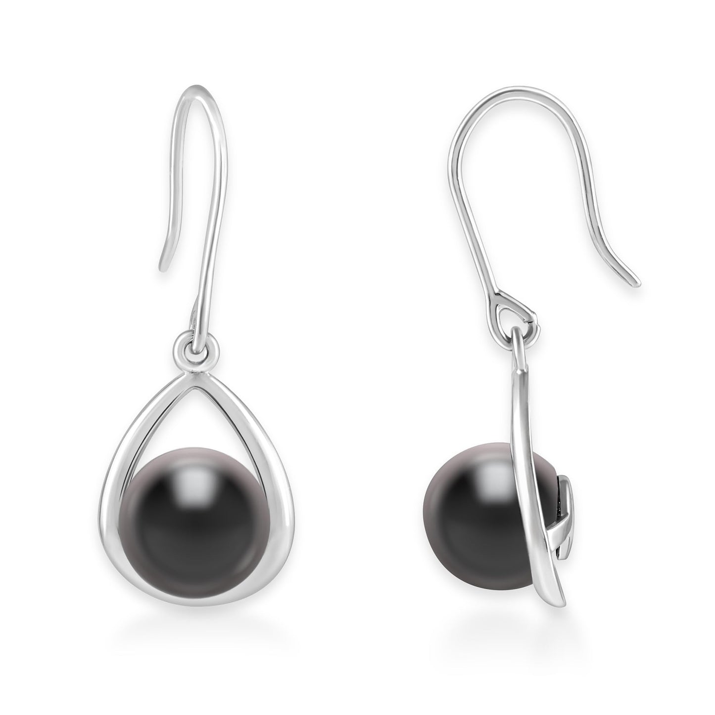 Belacqua Tahitian Black Pearl Diamond Pendant and Drop Dangle Earring Set in Sterling Silver, 18"