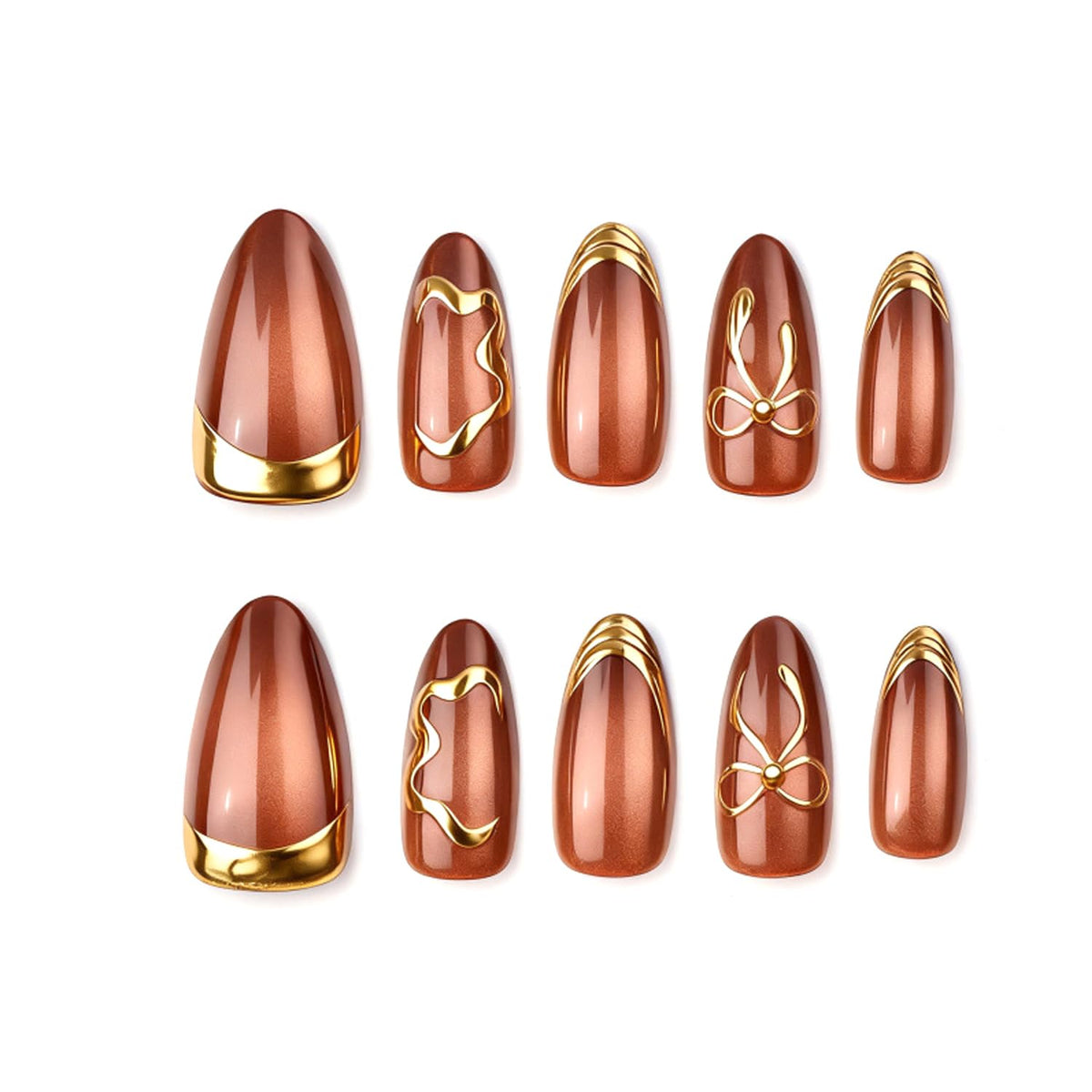 30Pcs Chrome Gold Press on Nails Medium Almond Fake Nails 3D Gold Pearls Bow Designs False Nails Gilded French Artificial Nails Glitter Full Cover Brown Smudge Glossy Acrylic Stick on Nail for Women