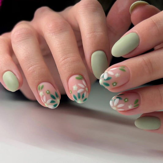 Almond Press on Nails Medium Fake Nails with Green Flower Design Glossy Full Cover Green False Nail Cute Floral Daisy Nail Press ons Reusable Spring Summer Acrylic Nail for Women Manicure 24Pcs