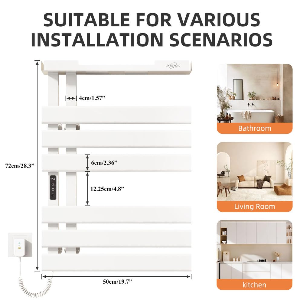 JSDQQG Smart Heated Towel Racks for Bathroom,Electric Towel Warmer Rack Voice Control,WiFi Heated Towel Rack Wall Mounted,Towel Warming Rack with Top Shelf and Led Timer,Flat Widen 6 Bar,White