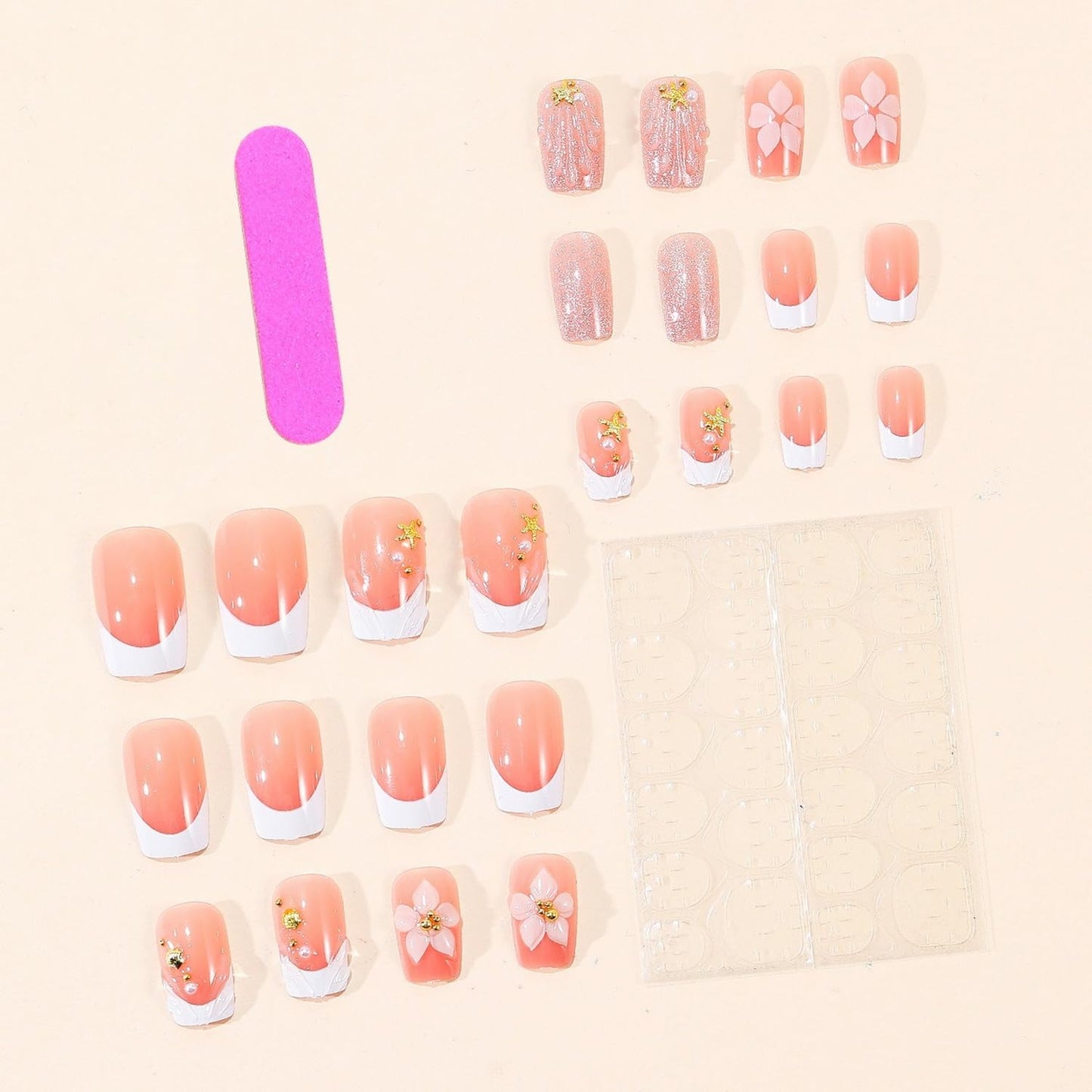 Summer French Tip Press on Nails Medium Square Pink Fake Nails with Flower, Gold Shell & Starfish Decor Summer Beach White French Tip False Nails Reusable Nail Art for Women 24 Pcs