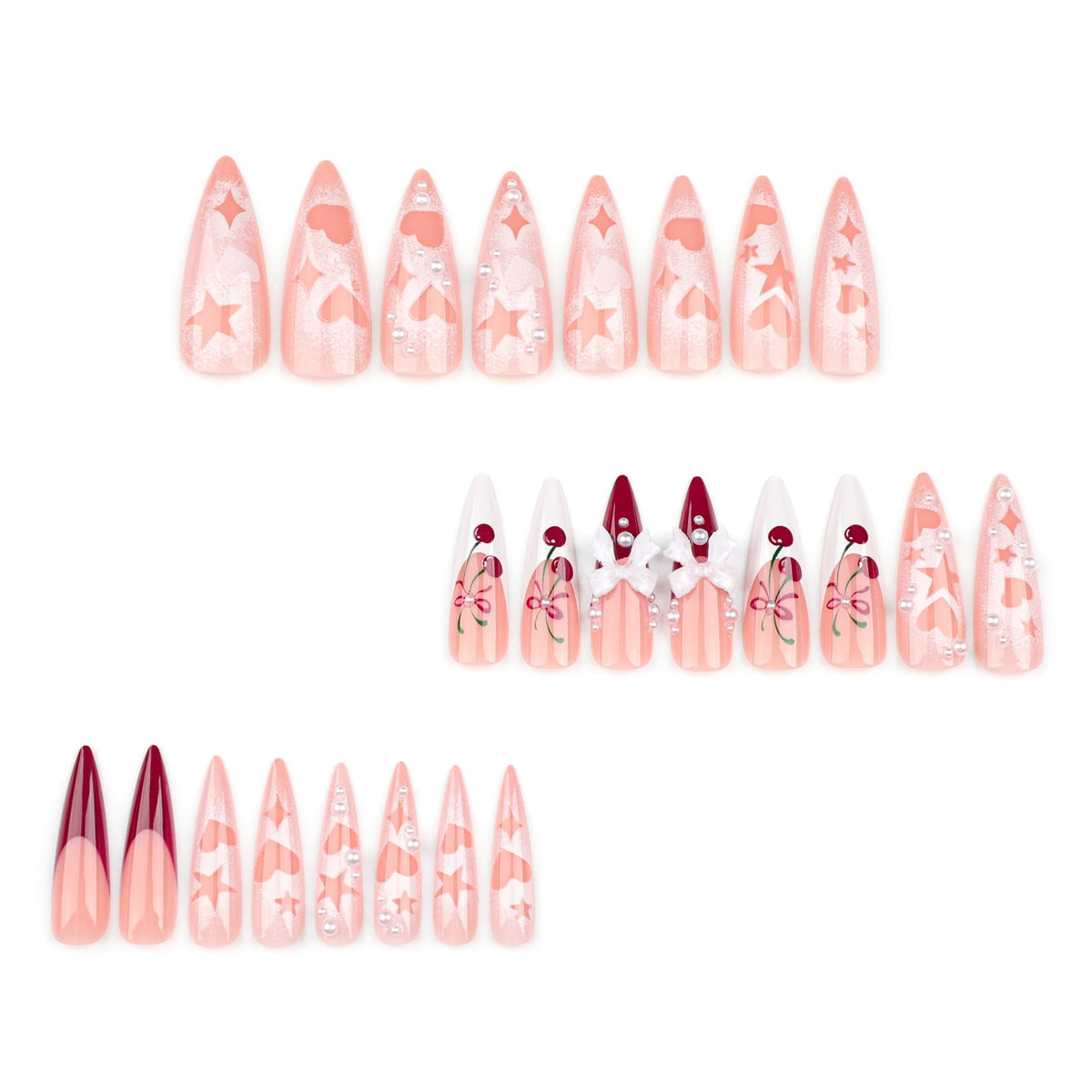 IMRAIN Long Press on Nails Stiletto Red French Tips Fake Nails Full Cover Glossy Acrylic Nails Press ons Cute Cherry & Bow Designs Glue Stick on False Nails for Women 24Pcs