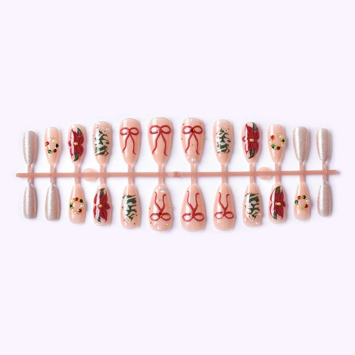 24Pcs Shiny Christmas Press on Nails Medium Almond Fake Nails 3D Rhinestones Pearls Wreath Charms Design Red Flower False Nails Bow Glue on Nail Xmas Tree Acrylic Nails for Women Holiday Nail Decor