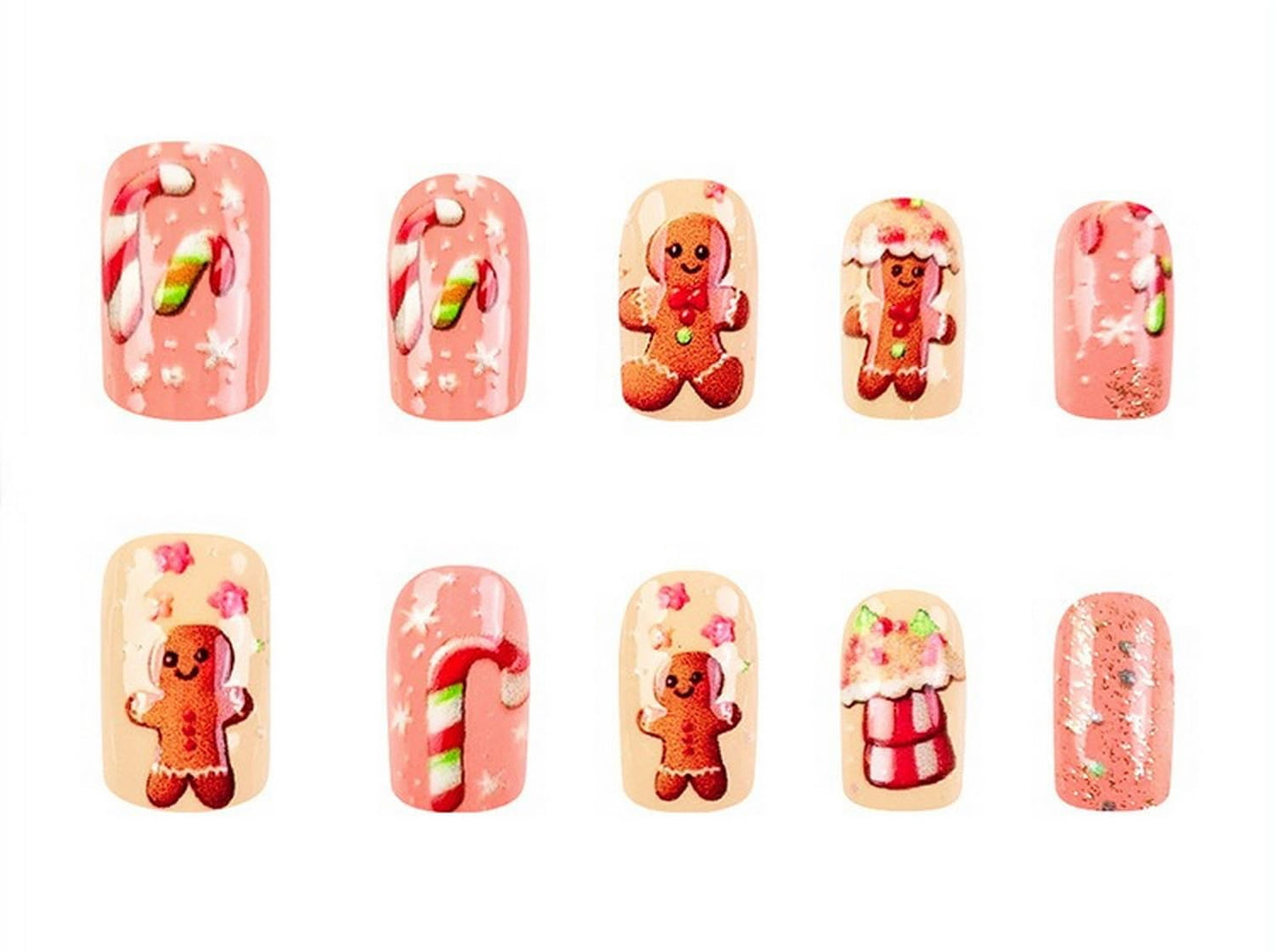 Christmas Cute Cartoon Press on Nails Short Square Fake Nails with House Snowflake Flower Gingerbread Man Designs Acrylic False Nails Xmas Winter Glue on Nails for Women and Girls 24Pcs