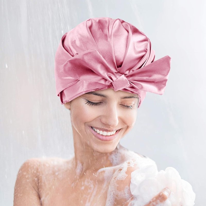 ZKLLGHE Large Shower Cap for Women Reusable Waterproof Adjustable Shower Caps with Silk Satin Lined Luxury Shower Cap for Long Hair(Pink)