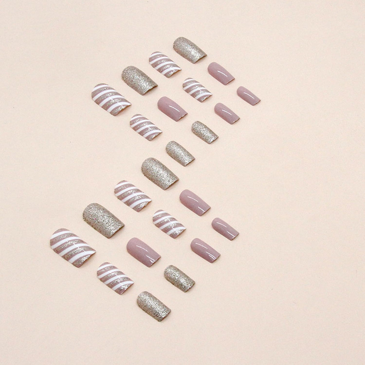 Christmas Press on Nails Medium Length Fake Nails Pink Acrylic Nails with Stripe designs Glitter Winter Christmas Glossy Nails Xmas Winter Glue on Nails for Women Girls Art Nail 24pcs