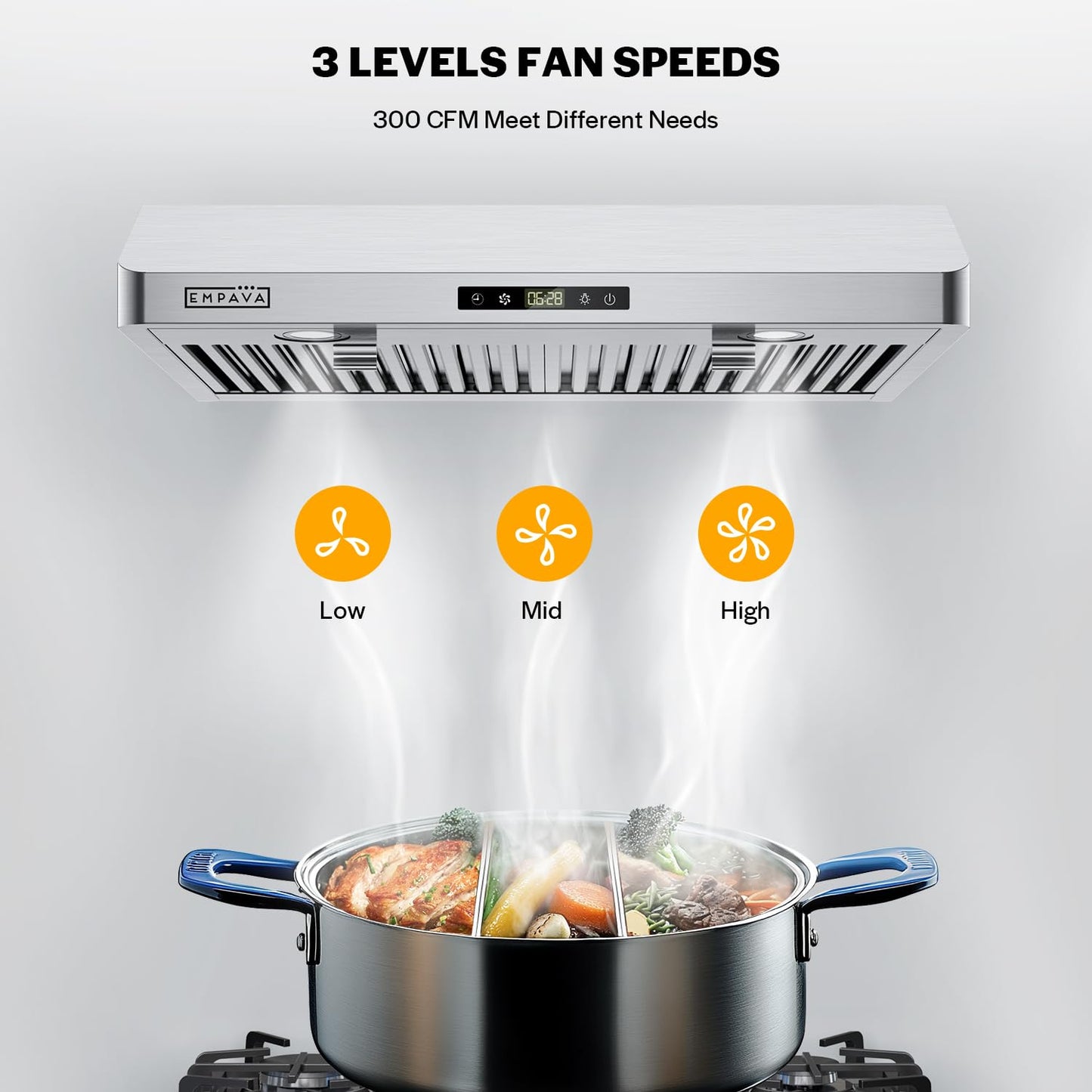 Empava Ductless/Ducted Range Hood Under Cabinet 30 Inch, Touch Control, Timer & Clock Setting, 300 CFM 3-Speeds, Plug in, Stainless Steel