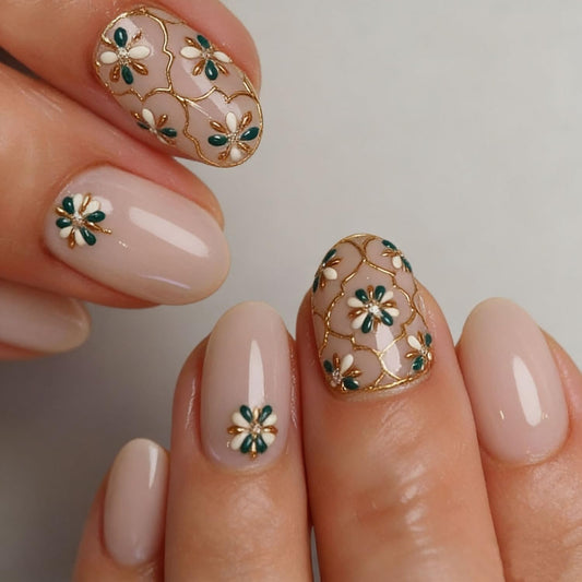 24pcs Nude Press on Nail Short Almond Fake Nails with Flower designs Full Cover Gold Foil Stick on Nail Glossy Luxury Press ones for Women Work Manicure