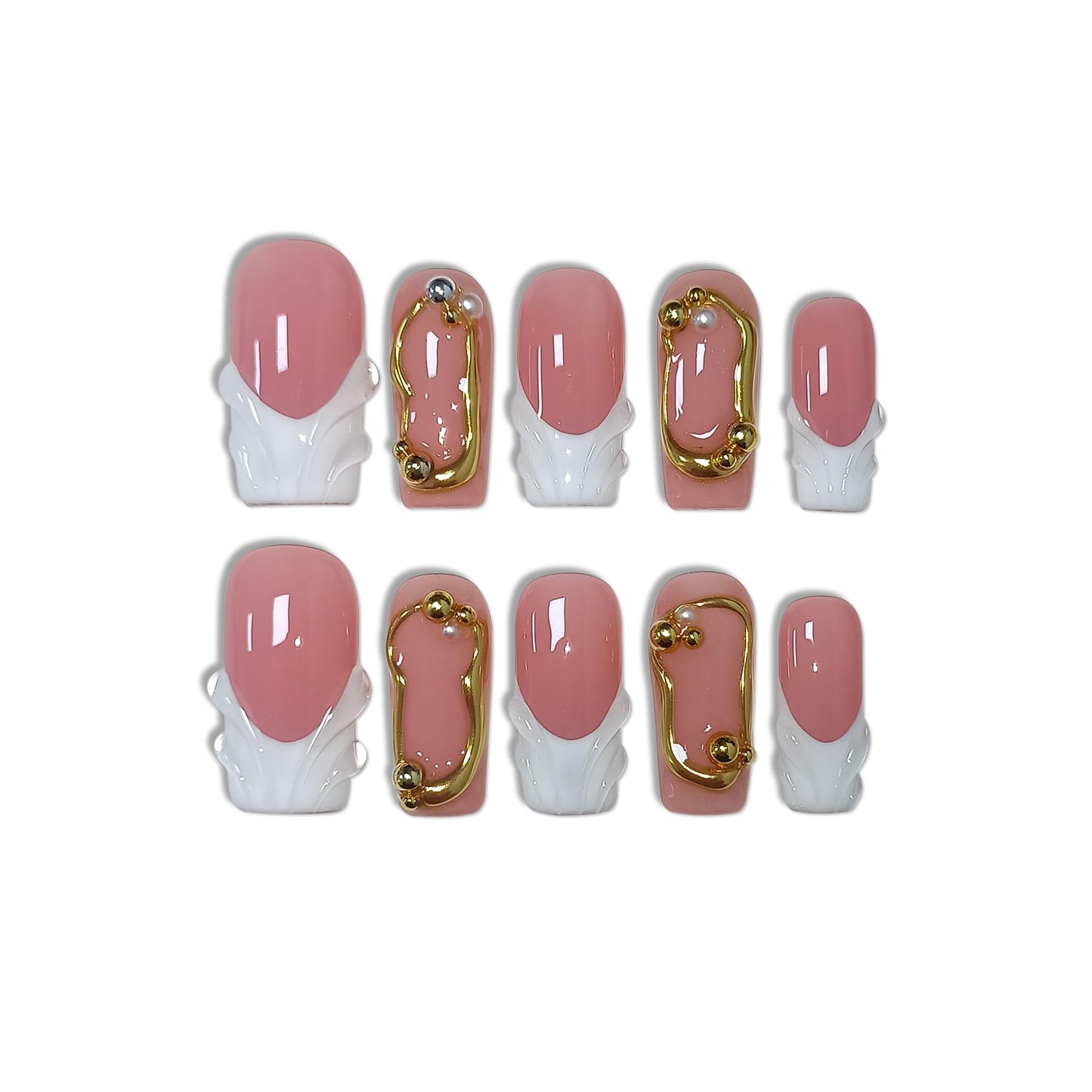 TENPAL Sheer Handmade French Tips Press on Nails Long Square 3D Embossed White Tip Nude Pink Fake Nails for Parties Daily Modern Minimalist Glossy False Nails for Women Gifts 10pcs(M)