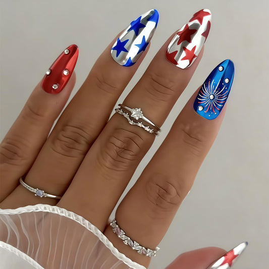 Independence Day Electroplating Press on Nails Medium Almond Fake Nails July 4th Fireworks False Nails with Rhinestones Design Stick on Nails for Women Girls Manicure Decoration 24 Pcs