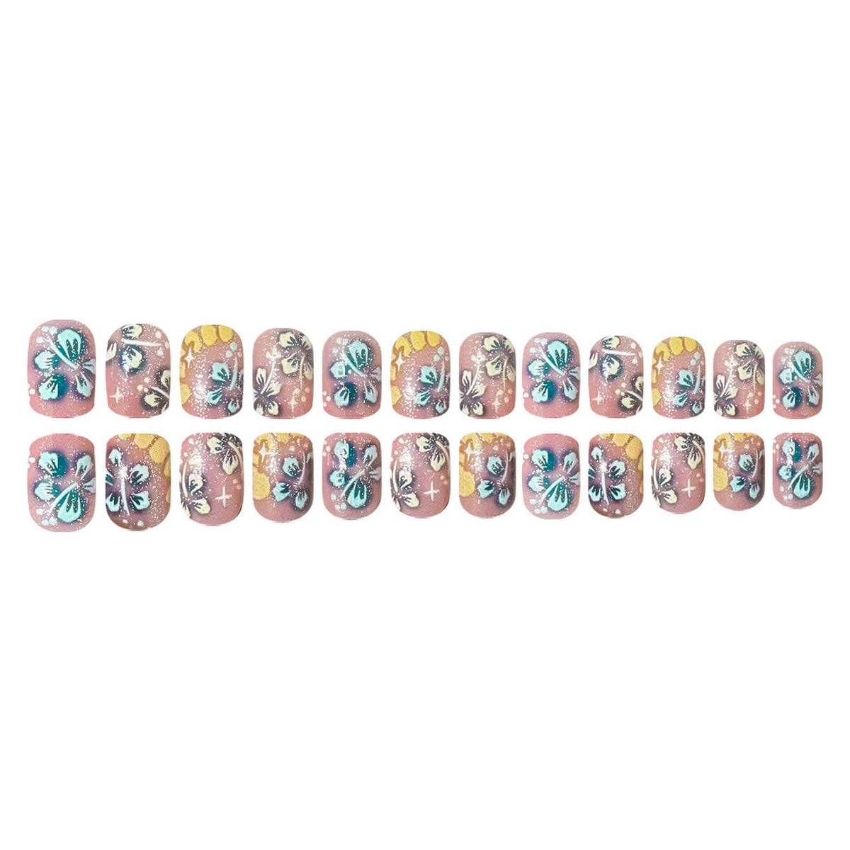 Extra Short Press on Nail Flower Fake Nail with Blue Floral designs Full Cover Glitter Press ones Cute Glue on Nails ReusableSummer False Nails for Women Beach Manicure24pcs