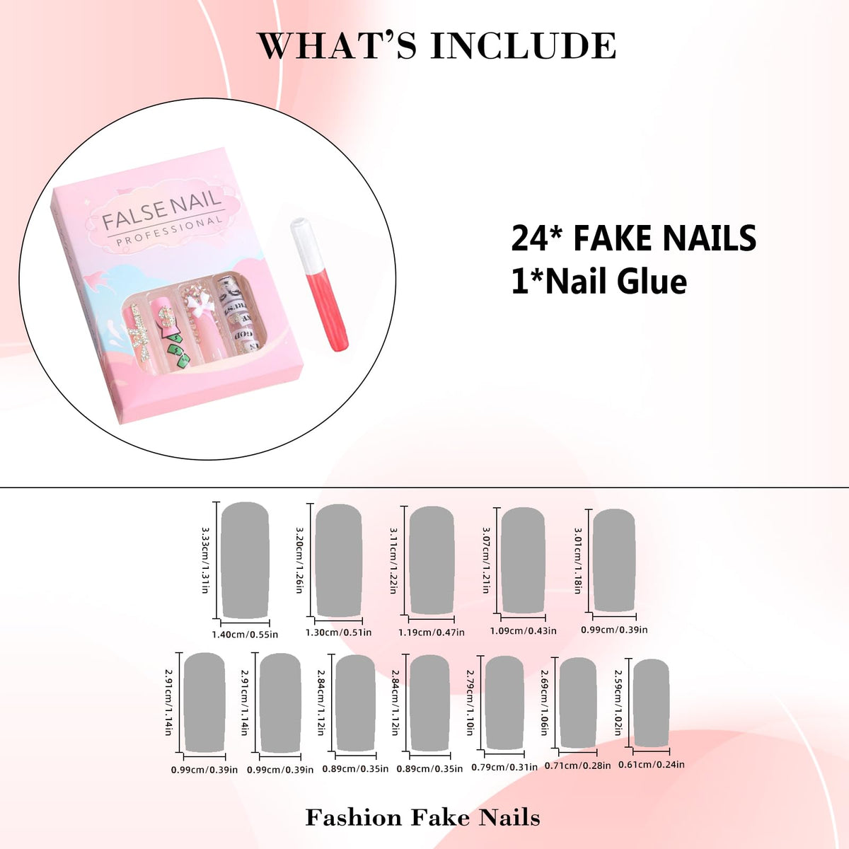 IMRAIN Long Square Press on Nails Pink French Tip Fake Nails with Designs Gold Charms & Rhinestone False Nails Glossy Glue on Nails Artificial Extra Long Nail Supplies 24Pcs