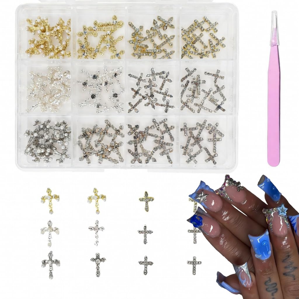 KINGNAME 120 PCS 3D Cross Nail Charms Kit Gold Silver Rhinestone Pearl Jewels with Tweezer for DIY Art Manicure Decoration