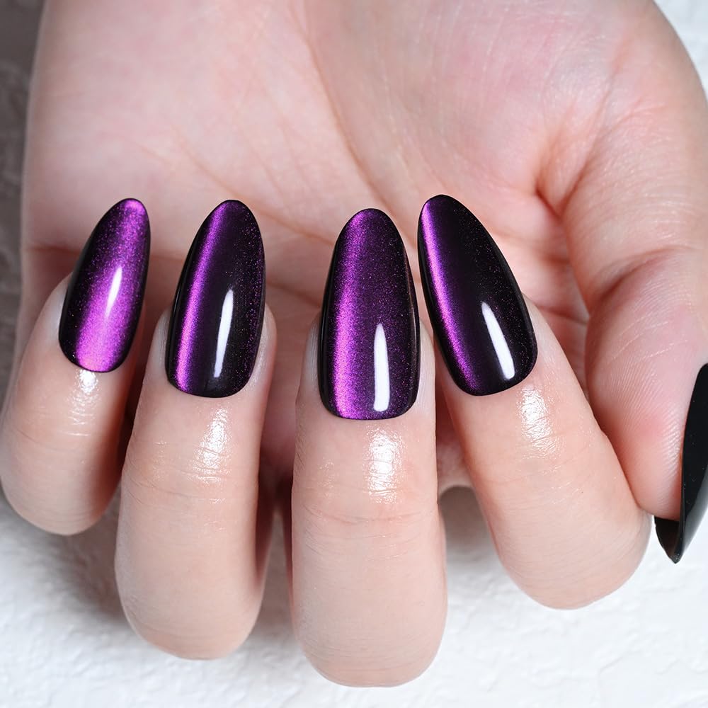 evpct Purple Cat Eye Chrome Press on Nails Almond Medium with Design, Purple Holographic Medium Almond Stick on Fake Nails for Women, Glossy Cat Eye Effect, Perfectly Fit Salon-quality Soft False Nail