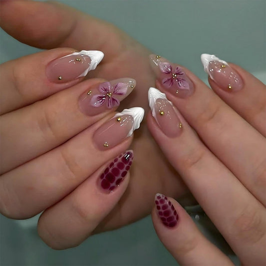 Almond Press on Nails Short Fake Nails with 5D Flower Charm Design Glossy White French Tips Acrylic Nail Turtle Shell Nail Press ons Reusable Cute Spring Summer False Nail for Women Manicure 30Pcs