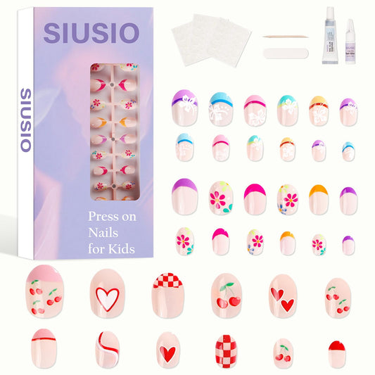 SIUSIO 3Pack Children Acrylic Fake Nails, 72pcs Press on Full Cover Cherry French Tips Short Almond False Nail Art Kits Set with Sticker Tabs Nail Glue Gel for Kids Little Girls Women - Floral Cherry