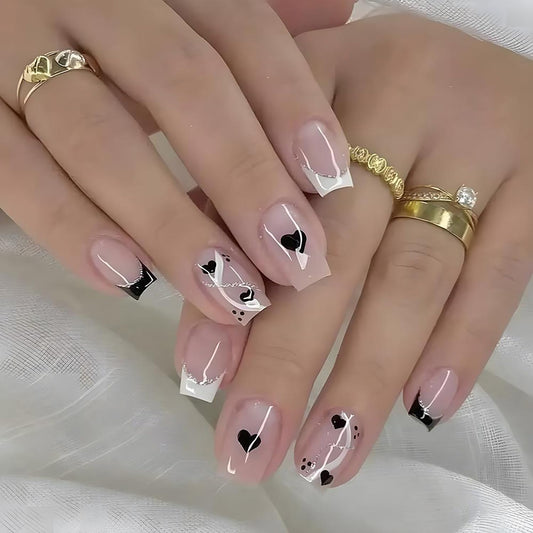 Vezocim 24Pcs Press on Nails Medium Heart Glossy Full Cover Artificial French Tips Fake Nails with Black Heart Designs Acrylic Square False Nails with Glue Coffin Stick on Fingernails for Women