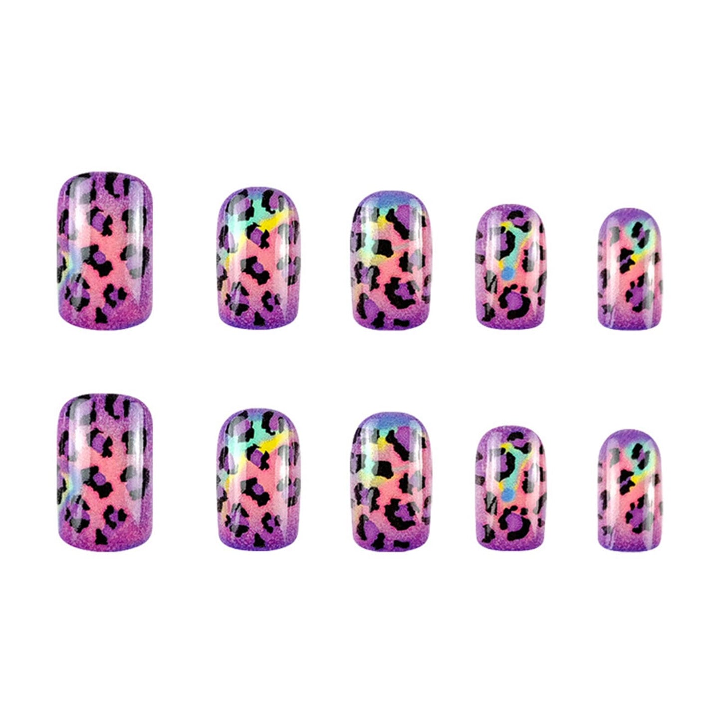 Auroral Purple Leopard Print Press on Nails Short Square Cheetah French Glitter Bling Cute Purple Animal Print Design Glossy Artificial Acrylic Fake Nails for Women Daily Wear 24Pcs
