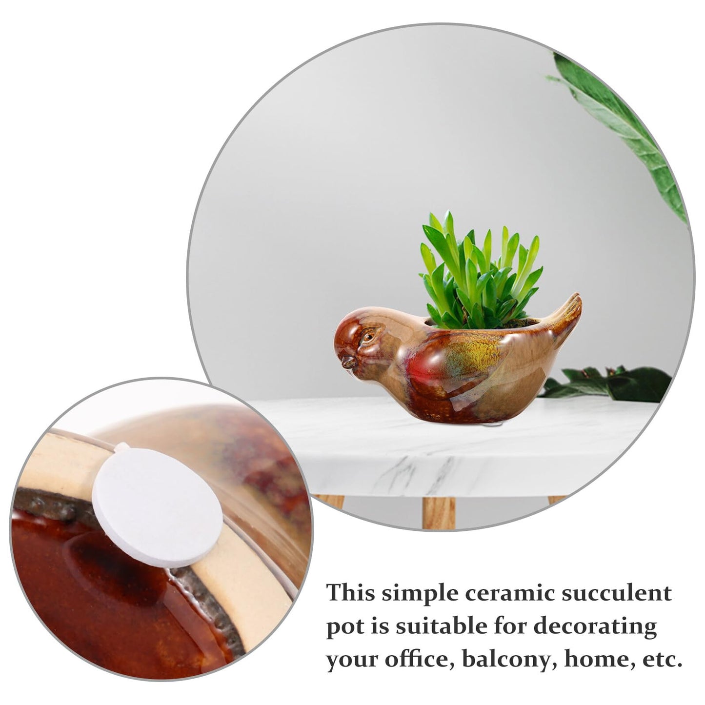 Levemolo Ceramic Succulent Planter Pot with Bird Motif for Indoor and Outdoor Balcony Gardening, Glazed Pottery Bowl Planter for Succulents and Small Plants