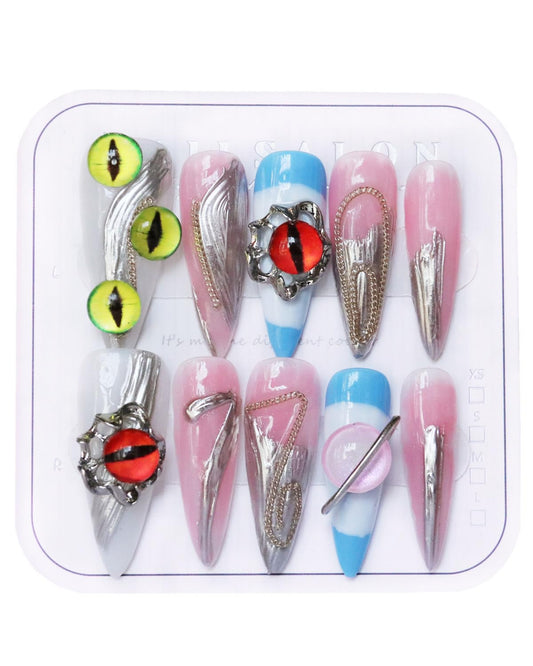 CAMILCY Press on Nails Handmade Nails Luxury Reusable Fake Nails For Girls long Almond Armor Tip Colorful Pink Diamonds HandPainted Salon Loveful Design Acrylic GelUV Finished 3D Nails 10PCS(A006, M)