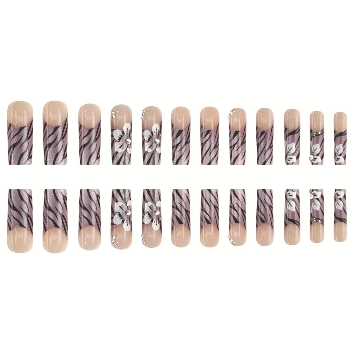 24Pcs Purple Press on Nails Long Coffin French Tip False Nails Glossy Flower Acrylic Fake Nails with Glitter Rhinestones Design Black Stripes Stick on Nails Reusable Glue on Nails for Women