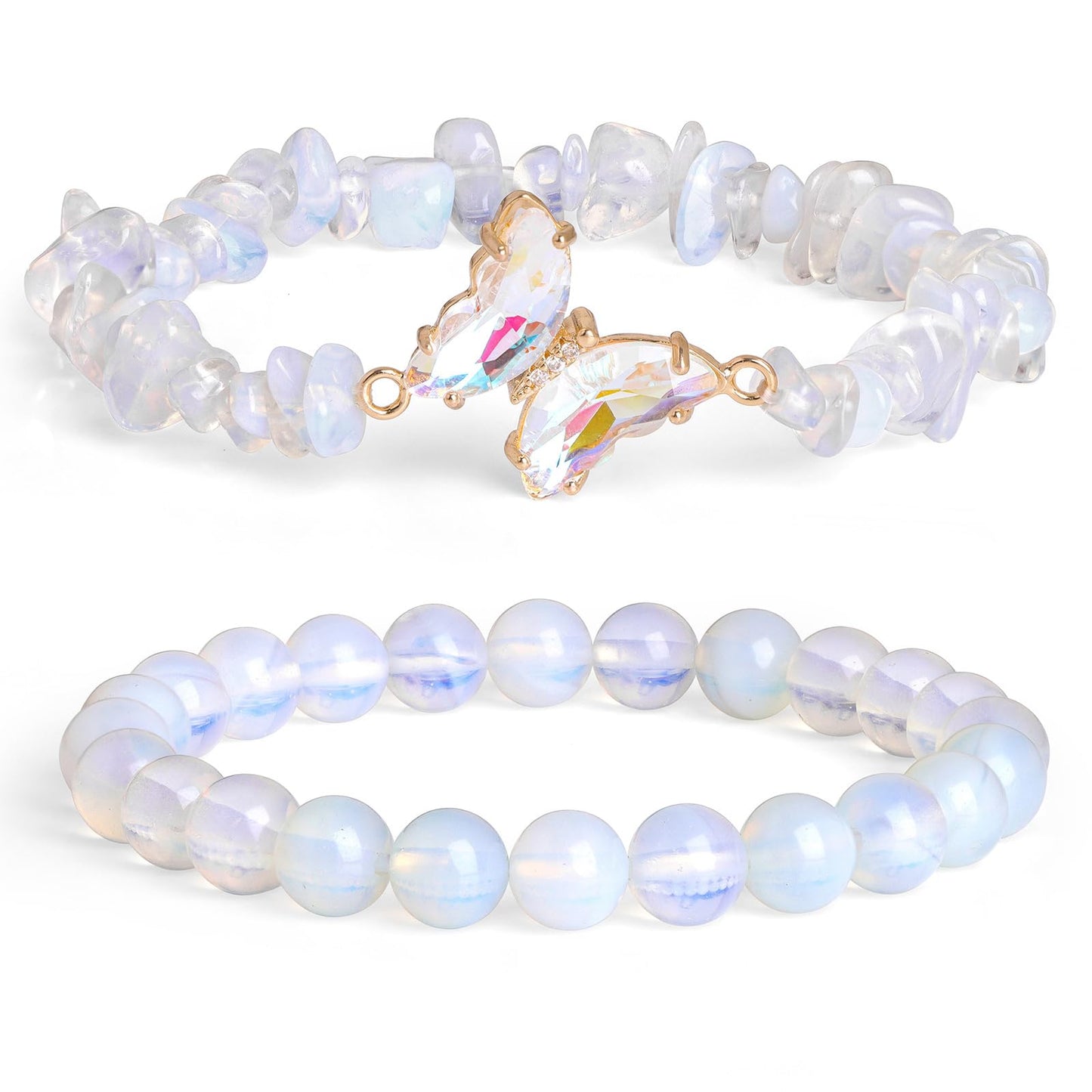 GolbalJew Opal Stone Bracelet for Women Healing Crystal Stone Bracelets Gemstone Beads Stretch Bracelet Butterfly Charms Jewelry Women Gift