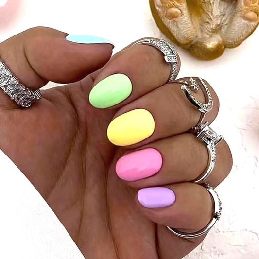Short Fake Nails - Acrylic Press Ons, Almond Squoval Glossy False Nails with Multi-Color Rainbow Designs - 24 Pcs