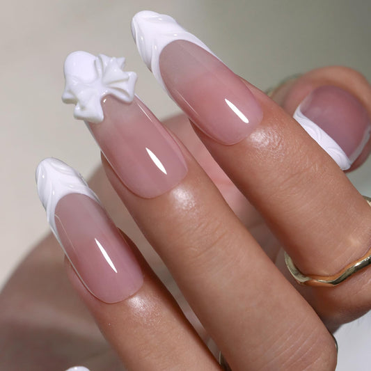 CUZIAM Press on Nails White French Tip Medium Almond Handmade, 5D Charms Cute Bow Design Glossy Nude Pink Fake Nails Stick on Nail XL, Full Cover Reusable False Acrylic Nail Manicure for Women-14pcs,L
