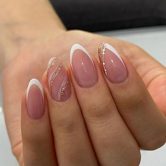Taoyisent French Tip Press On Nails with Glitter Accent, Peach Pink Almond Fake Nails, Elegant Nude White False Nails, Press On Nail Kit for Women, 24PCS