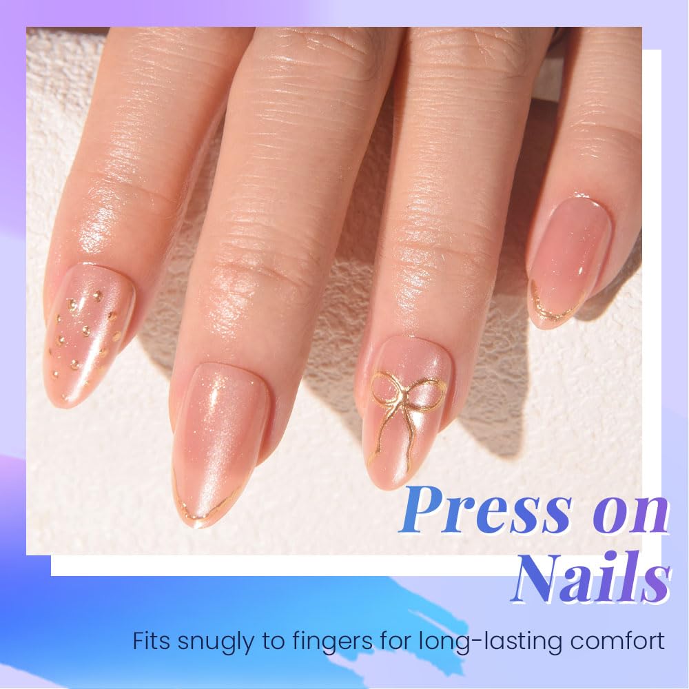 evpct Pale Nude Cat Eye Press on Nails Short Almond No Glue, 3D Gold Line Design Short Almond Stick on Nails for Women, Reusable Full Cover Soft Press on Fake Nail Perfectly Fit with 3D Bowknot Design
