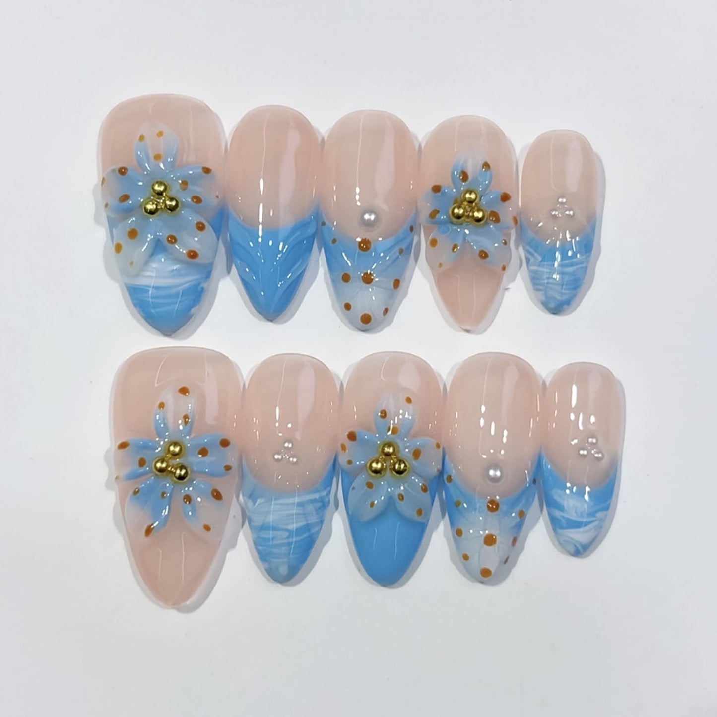 Handmade Press On Nails – Medium Almond False Nails for Women, Reusable Acrylic White French Tip with Flowers & 3D Pearl Design – Salon Quality Fake Nails 10Pcs(S)