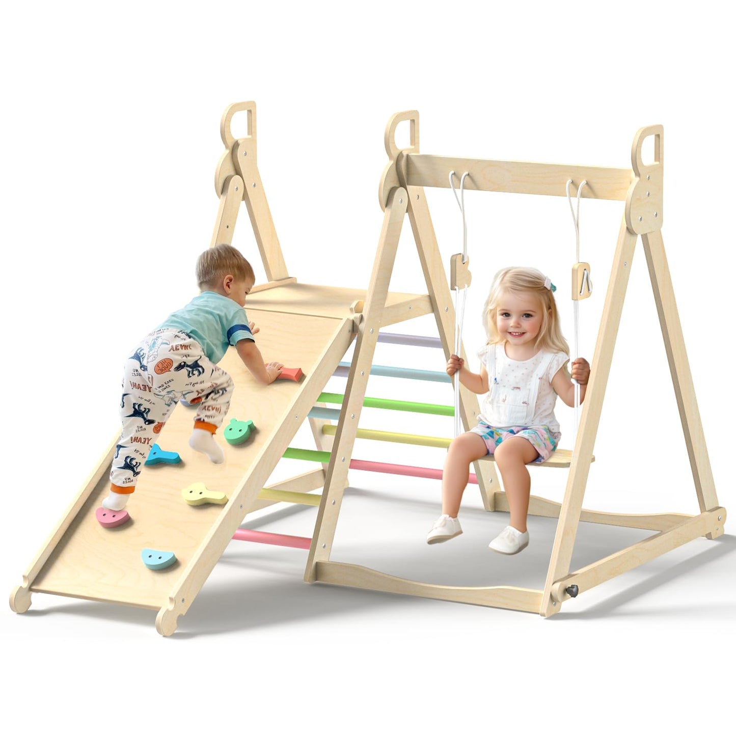 BlueWood 4 in 1 Indoor Jungle Gym, Foldable Wooden Climbing Set with Swing, Slide, Ladder and Climbing Wall, Montessori Philosophy Climber Playset for Kids Aged 2+ (Rainbow)