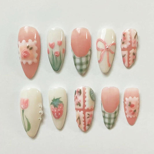 LRKNNO Cute Spring Press on Nails Almond Shape Medium Fake Nails with Small Flower Strawberry Bow Designs Green French Tip Glue on Nails Glossy Pink Acrylic Nails for Women Summer Manicure 30Pcs