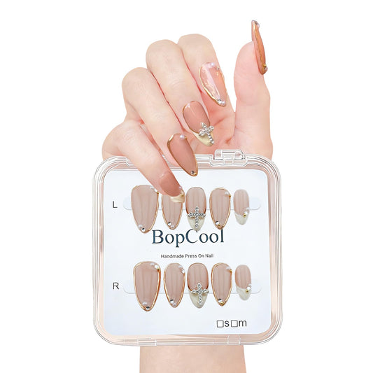 Luxury Handmade false nails，3D Gold French Cross Press-On Nails – Medium Almond Shape False Nails with Rhinestone Embellishments, Elegant Reusable Stick-On Nails(10PCS-M)