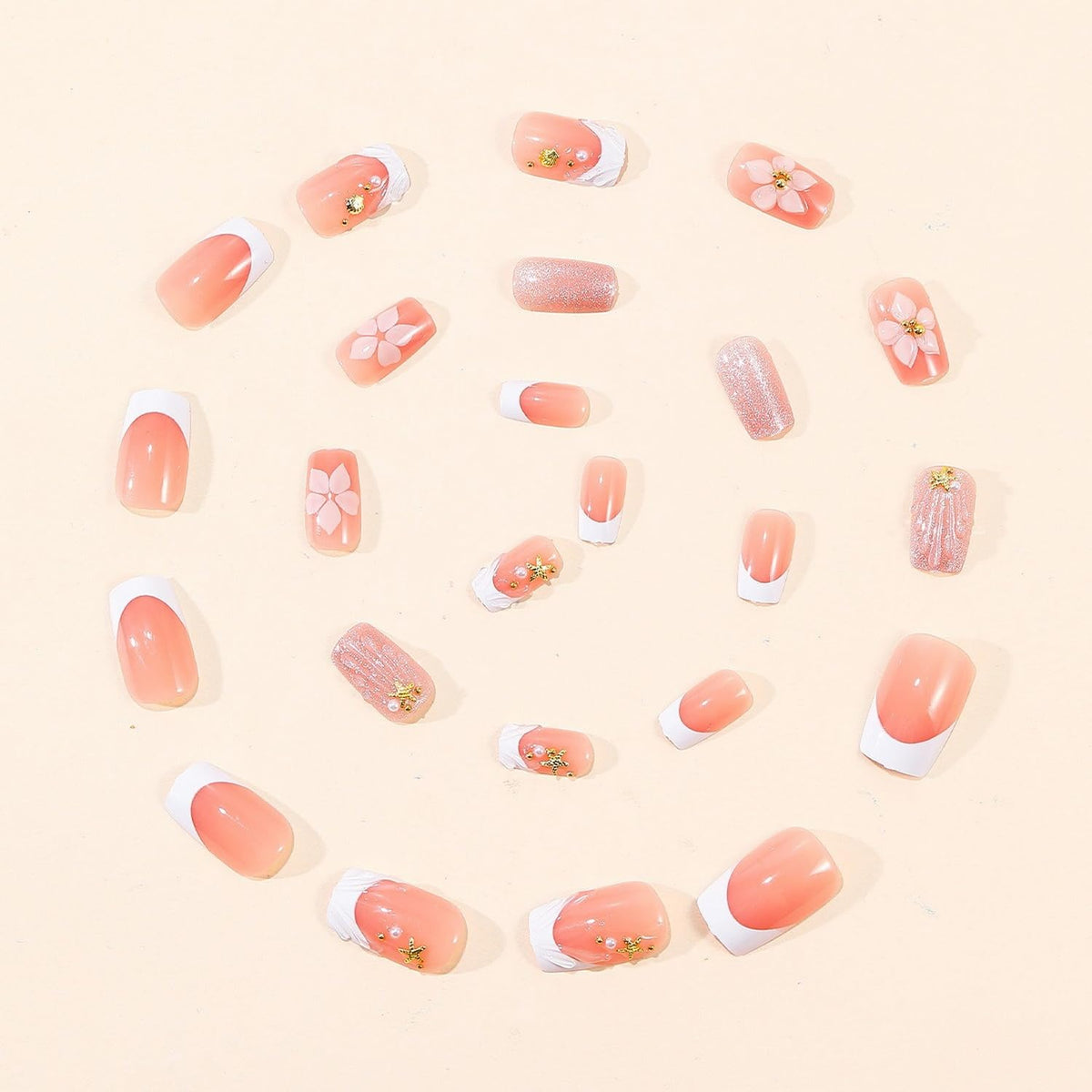 Summer French Tip Press on Nails Medium Square Pink Fake Nails with Flower, Gold Shell & Starfish Decor Summer Beach White French Tip False Nails Reusable Nail Art for Women 24 Pcs