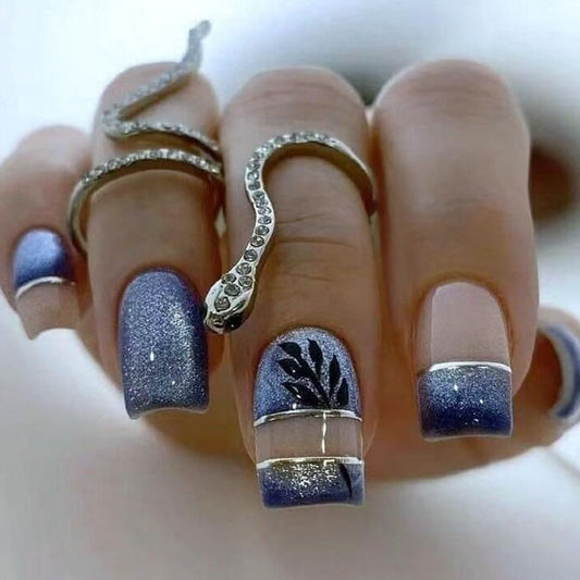 24pcs Blue French Nail Press-On Square Medium False Nails Gold Blue Leaf Glue Acrylic Nails Full Cover Spring Summer False Nails with Pattern Flower Nail Art Decoration for Women