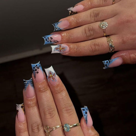 plalely Press on Nails French Tip, Handmade Acrylic Press on French Tip Nails with Flower Designs，Long Square Nail Press Ons for Women 24pcs
