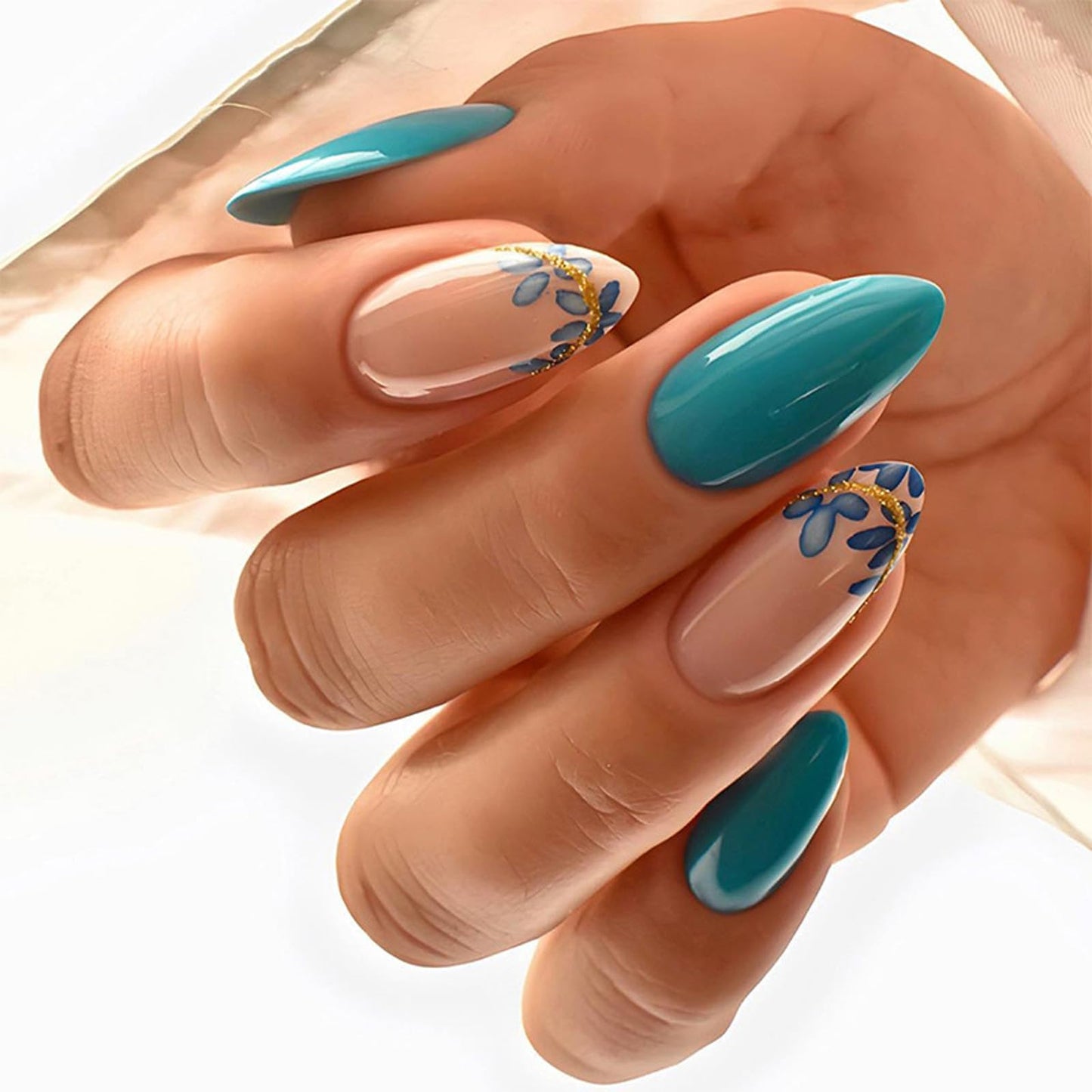 IMSOHOT Press on Nails Medium Almond Fake Nails with Blue Flower Design Glossy Gel False Nails Full Cover Artificial Acrylic Glue Stick on Nails for Women Manicure Kit 24Pcs