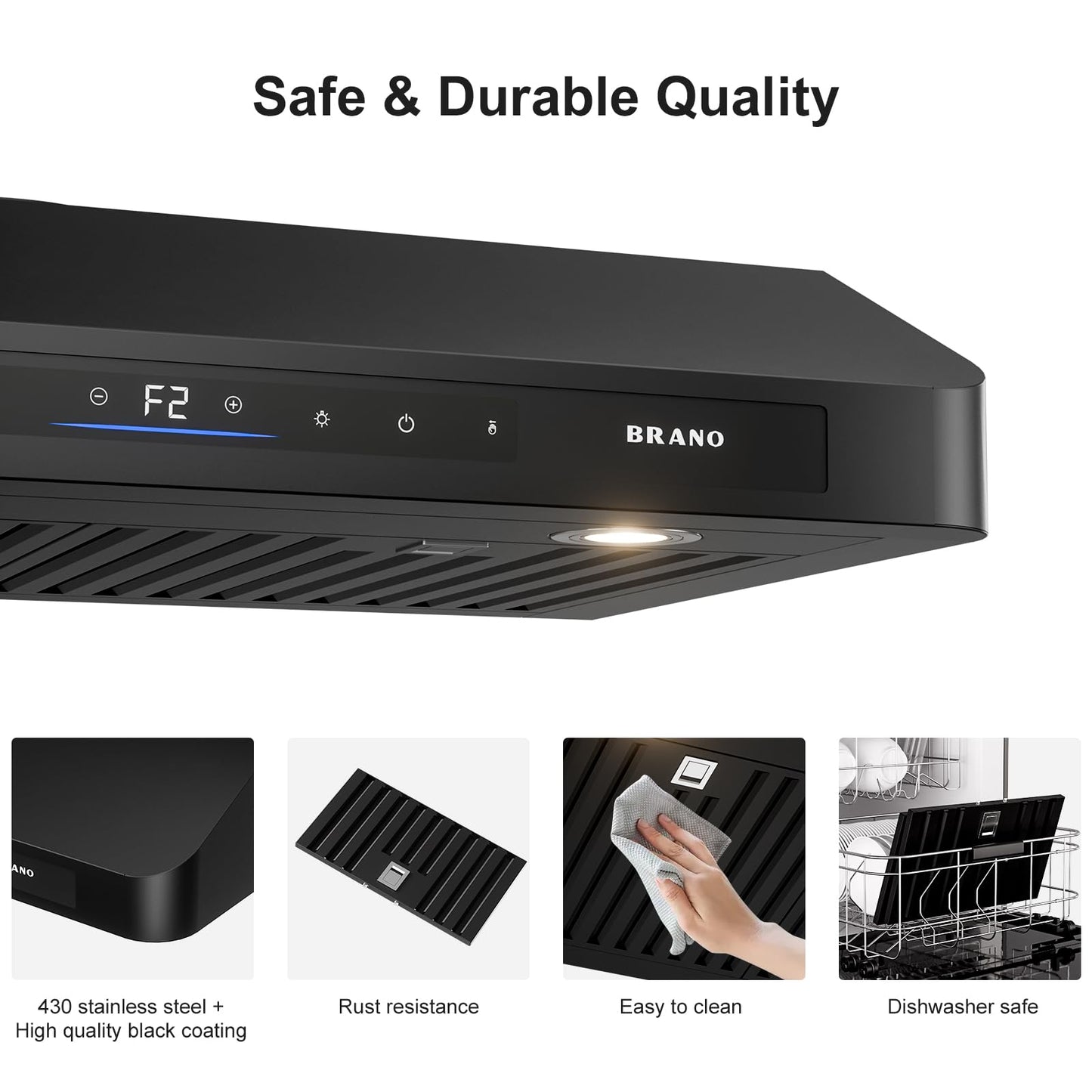 BRANO 30 Inch Under Cabinet Range Hood with Voice/Gesture/Touch Control, 900 CFM Kitchen Hood with 4-Speed Exhaust Fan, Stainless Steel Stove Hood with LED Lights, Baffle Filters