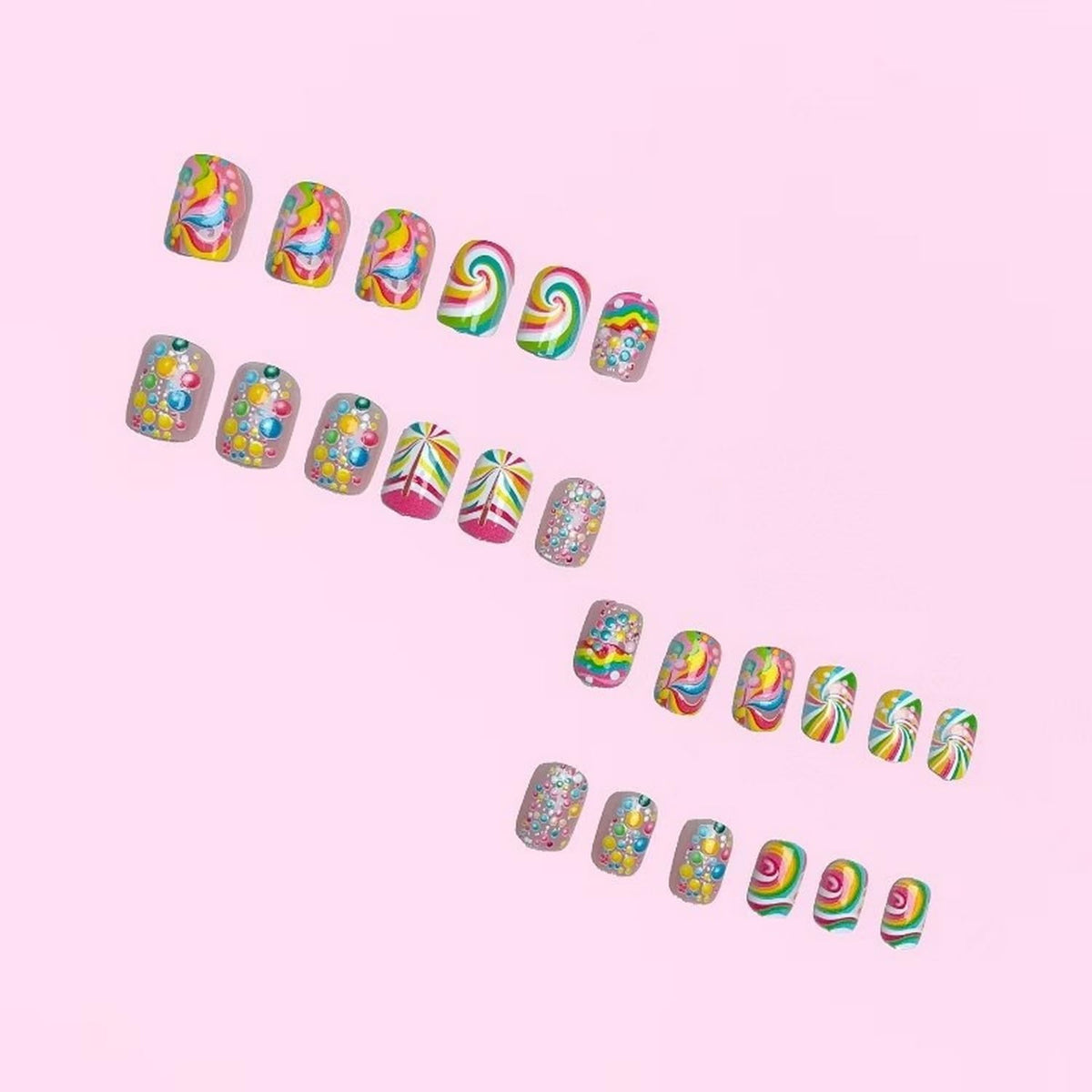 24pcs Summer Press on Nail Cute Fake Nails Short Square Full Cover Stick on Nail with Rainbow designs Colorful Press ones Reusable Glue on Nails for Women Vacation Manicure