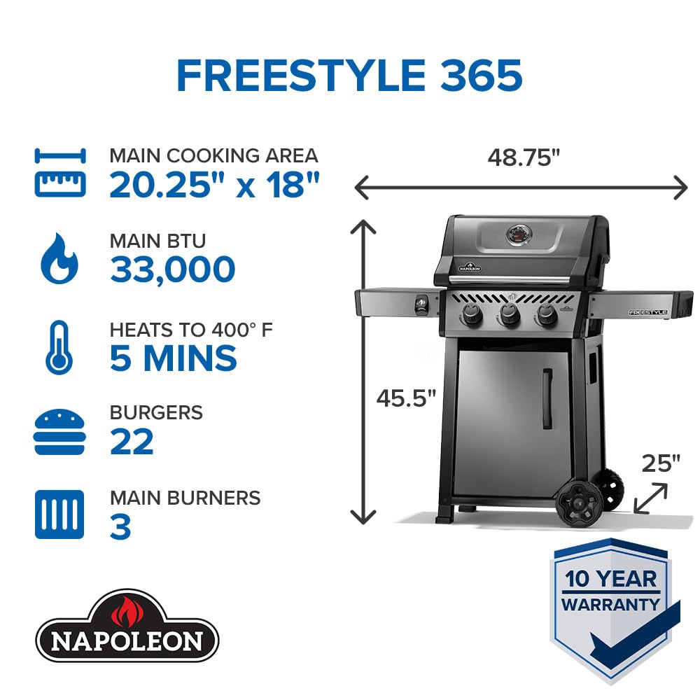 Napoleon Freestyle 365 Propane Gas Outdoor Grill, Graphite Grey – 3-Burner BBQ with Stainless Steel Cooking Grates